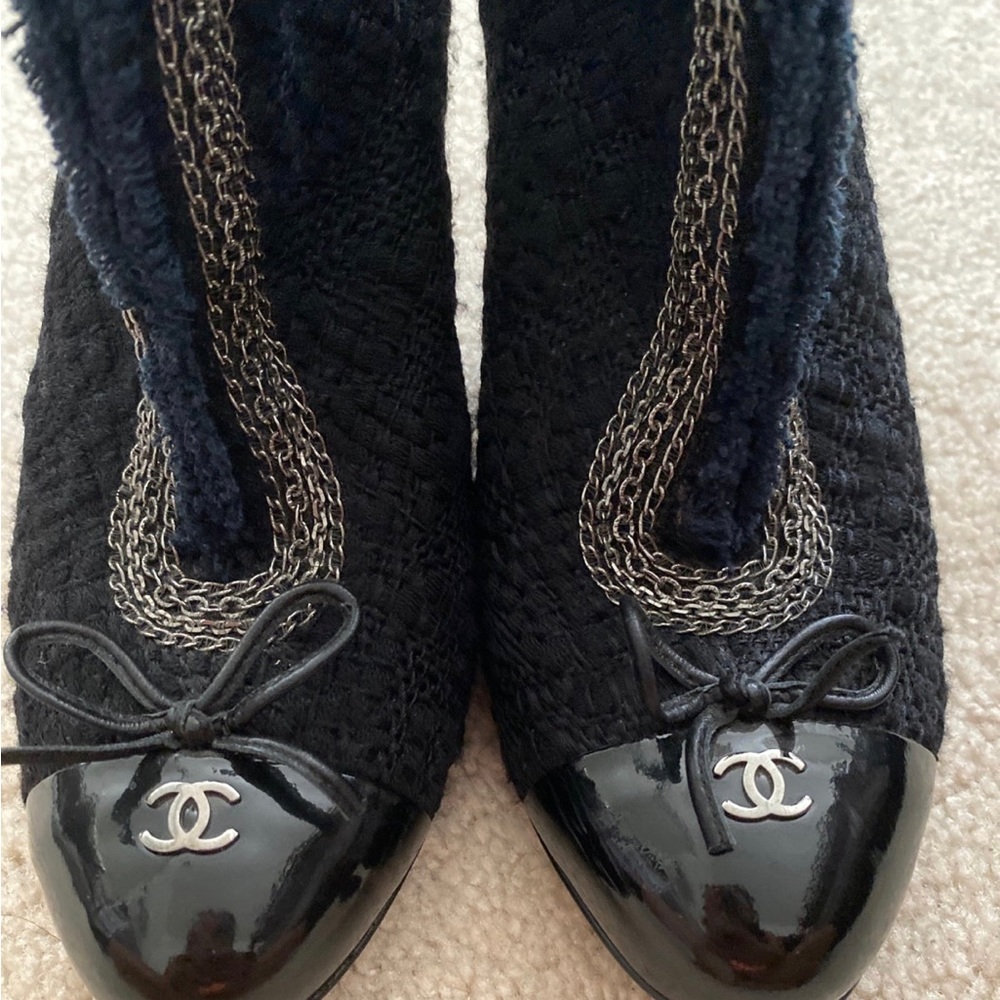 Chanel interlocking tweed cc logo lace up boots